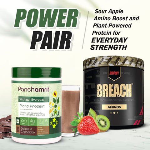 Redcon1 Breach Aminos Sour Apple 315 gms and Panchamrit Stronger Everyday Plant Protein 500g (Combo)