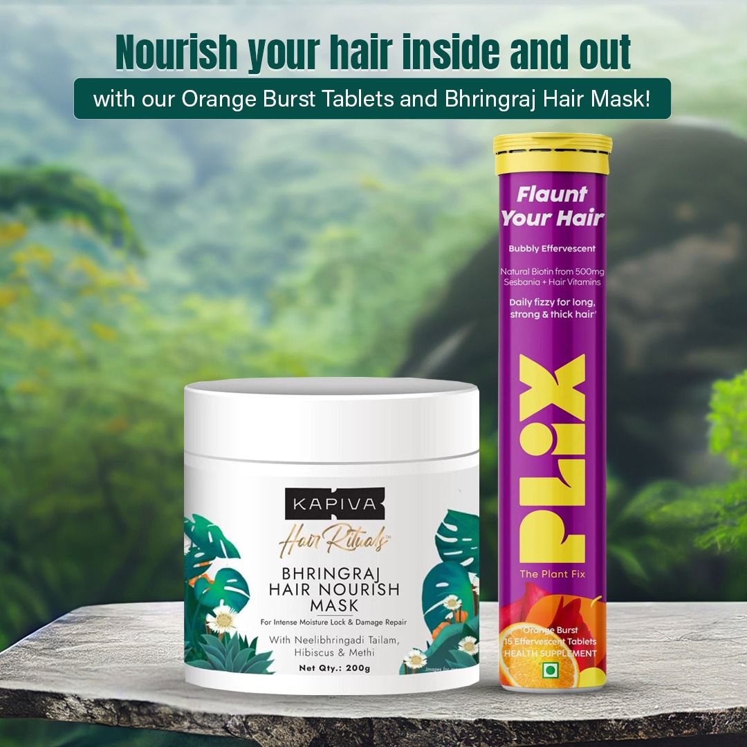 Plix Flaunt your hair Orange Burst 15 Effervescent Tablets and KAPIVA HAIR RITUALS BHRINGRAJ HAIR NOURISH MASK- 200G