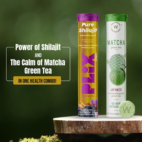 PLIX Pure Shilajit Elaichi Kulfi Flavour 15 Effervescent Tablets and Wellbeing Nutrition Matcha Green Tea