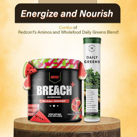 Redcon1 Breach Aminos Water Melon 300gms and Wellbeing Nutrition Daily Greens Combo