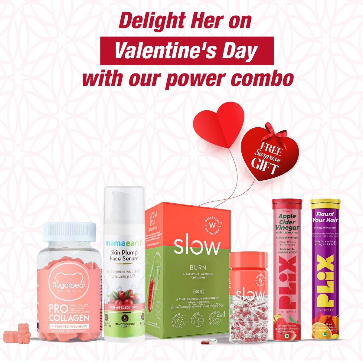 Sugarbear Procollagen Gummies + Wellbeing Nutrition Slow Burn + Plix Apple Cider Vinegar Watermelon + Mamaearth Skin Plum + Plix Flaunt Your Hair Orange Burst