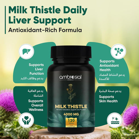 Ambrosial Milk Thistle Tablets - High Strength Liver Support 4000mg - 120 Tablets
