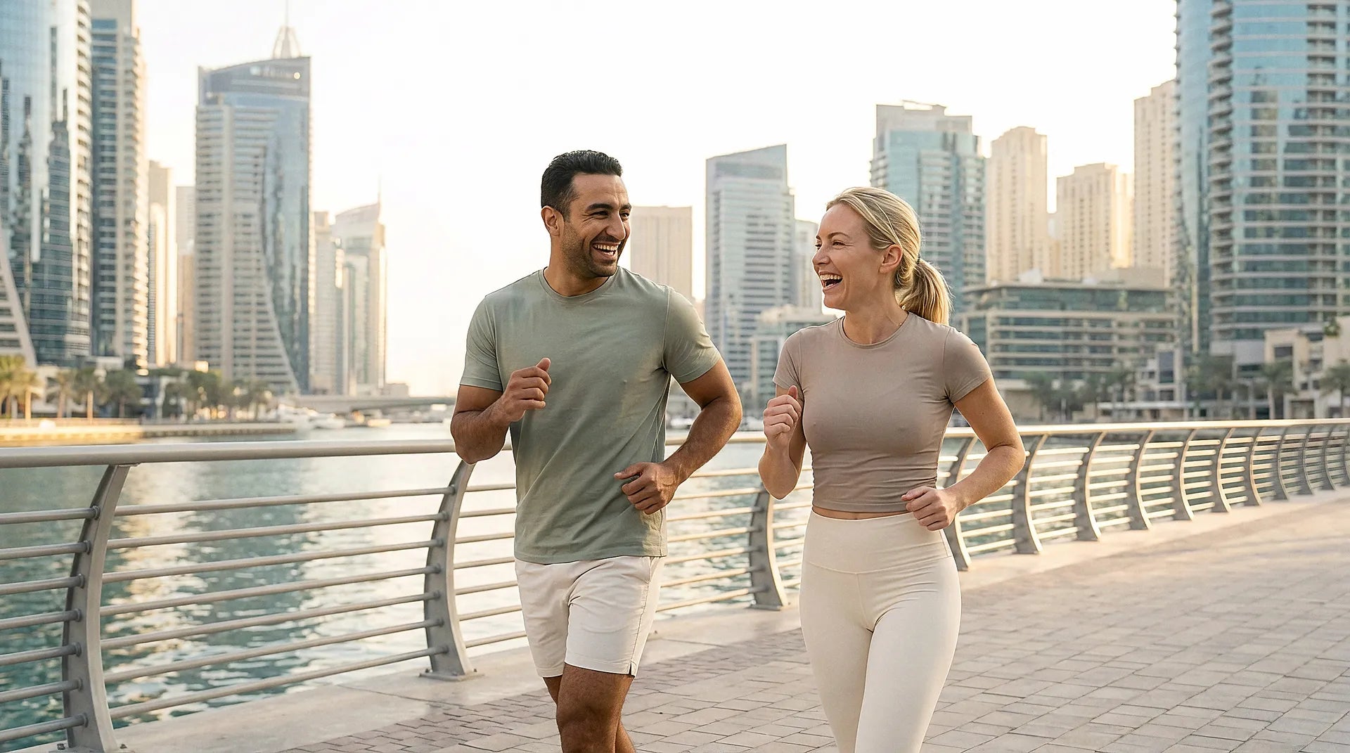 Two friends walking the Dubai Marina promenade at golden hour