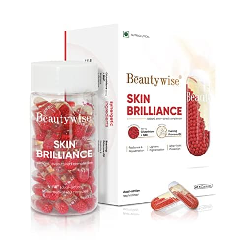 Beautywise Glutathione with NAC - 500mg I Dual Action Skin Brilliance | Evening Primrose Oil, L-Lysine, Grape Seed & Vitamin C,E | For Skin Brightening and Glow, 60 Veg Capsules (Pack of 1)