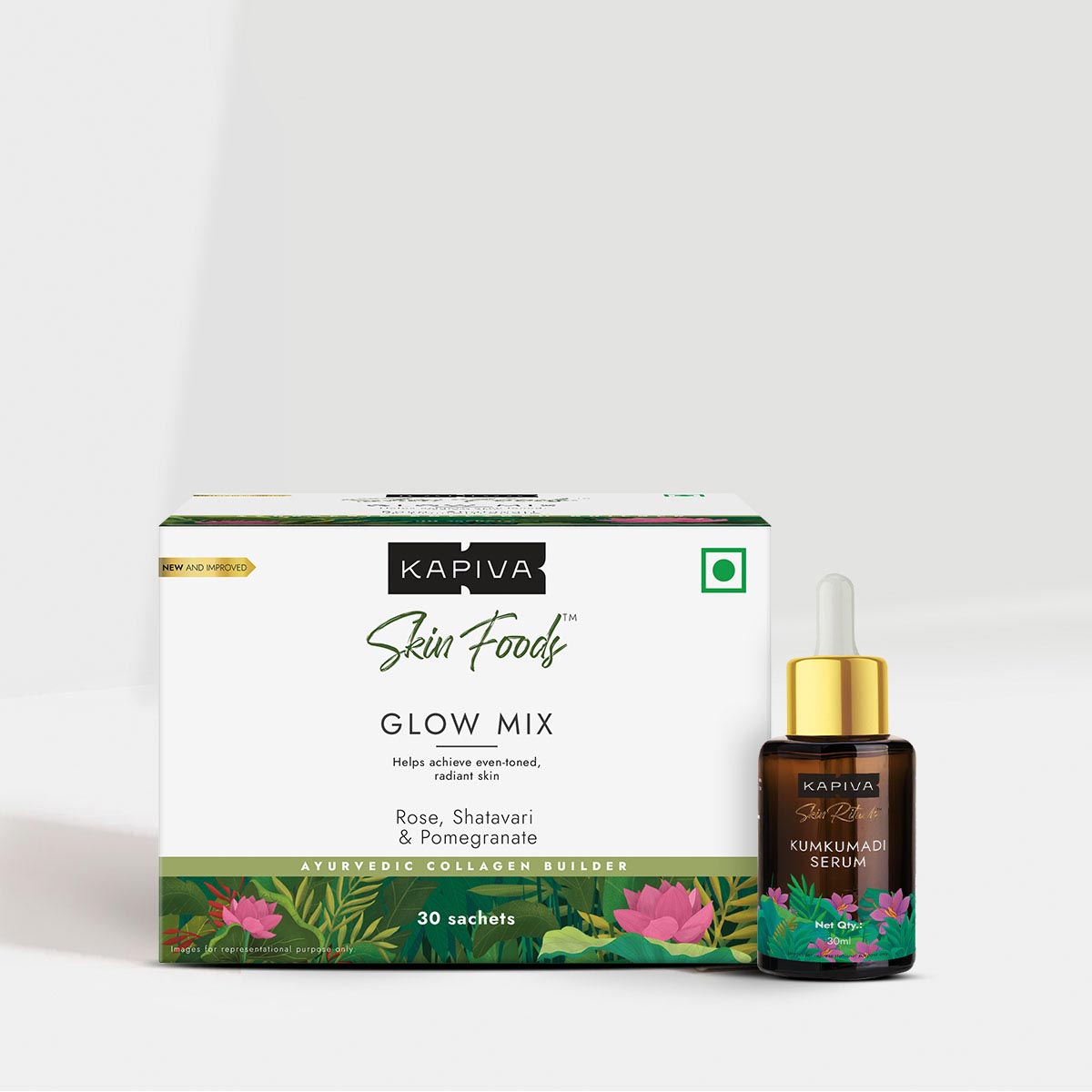 Glow Combo: Kapiva Skin Rituals Kumkumadi Serum 30 ml + KAPIVA Glow Mix Rose, Shatavari & Pomegranate 30 Sachets