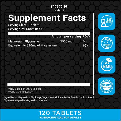 Noble Magnesium Glycinate Chelated - High Absorption, 120 Veg Tablets