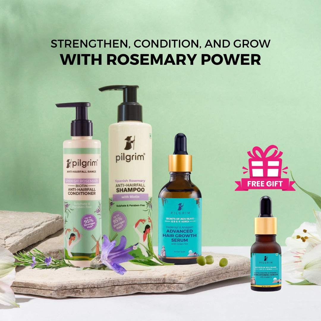 Pilgrim Spanish Rosemary & Biotin Anti Hairfall Shampoo + Conditioner + Advanced Hair Growth Serum 50 Ml + FREE Pilgrim Face Serum 5Ml