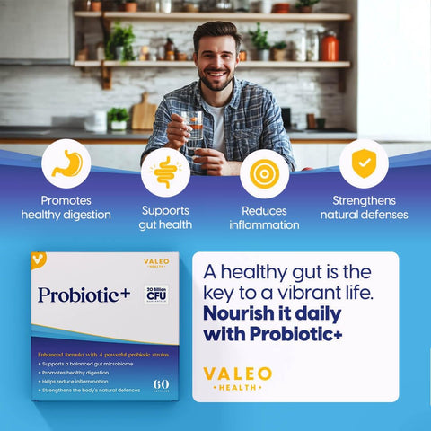 Valeo Probiotic+ | 20 Billion CFUs with 4 Probiotic Strains| Supports Digestive Health, Immune Function, and Gut Flora Balance | Health Supplement for Men & Women | 60 Capsules