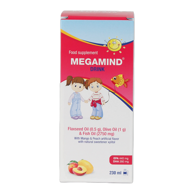 Megamind Drink Fish Oil 2.75 g, Olive Oil 1 g and Flaxseed Oil Mango and Peach Flavor 230 ml Syrup