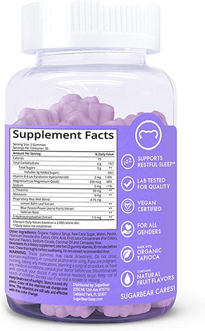 SugarBear Sleep Vitamins, Vegan Gummy Vitamins with Melatonin, 5-HTP, Magnesium, L-Theanine, Valerian Root, Lemon Balm