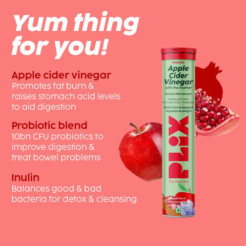 Plix Apple Cider Vinegar Apple Burst Green Daily Fizzy to support Digestion & weight 15 Effervescent Tablets