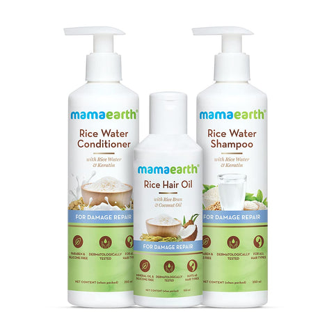 MamaEarth Damage Repair Kit (Rice Water Hail Oil + Conditioner + Shampoo)