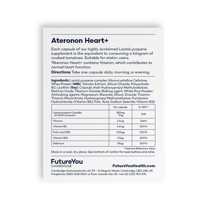 Ateronon Heart with LactoLycopene Complex of which Lycopene- Easy to Absorb Formulation - Vegan Suitable - 28 Day Supply - Developed by FutureYou Cambridge