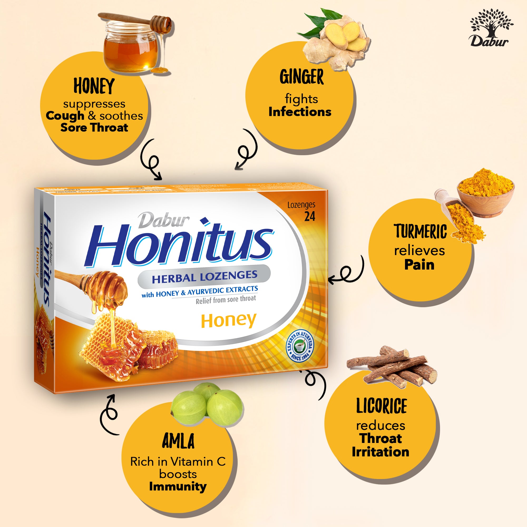 Dabur Honitus Herbal Lozenges-Honey, 24 Lozenges