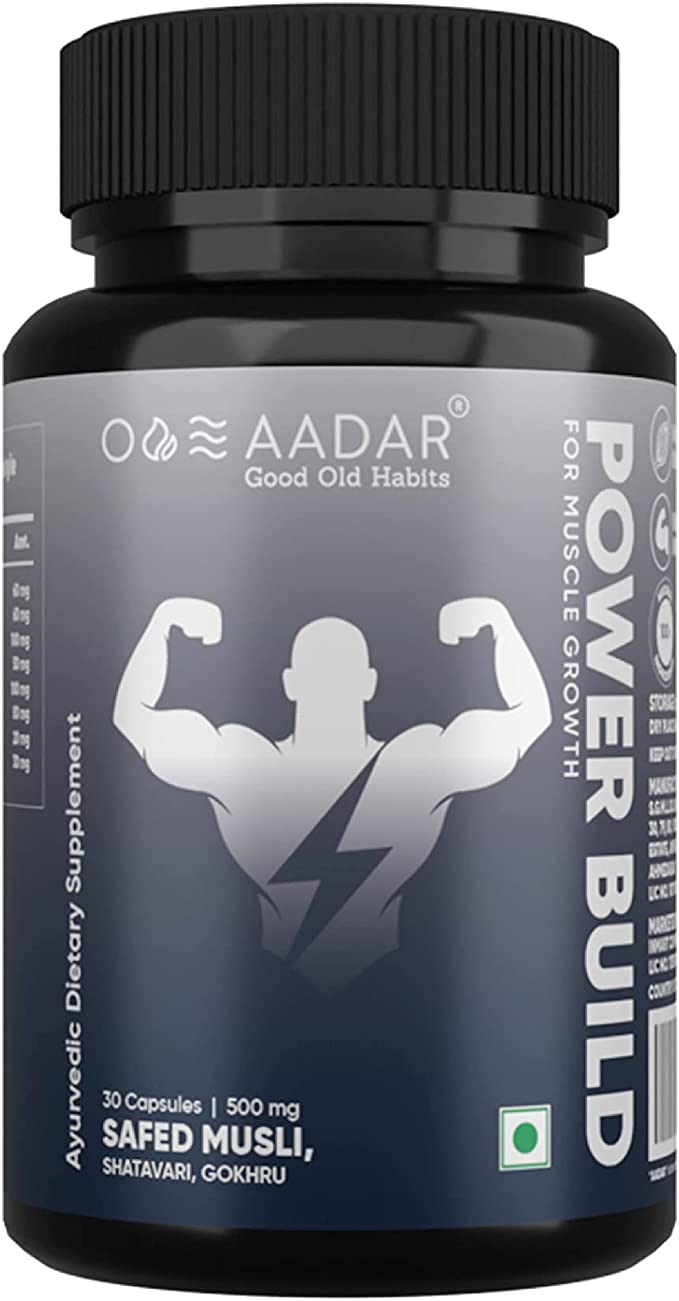 AADAR POWER BUILD | Ayurvedic Muscle Gain Capsules | Shatavari Safed musli and Gokhru | Helps in Muscle Recovery and Improves Performance | 30 Capsules (Pack 1)
